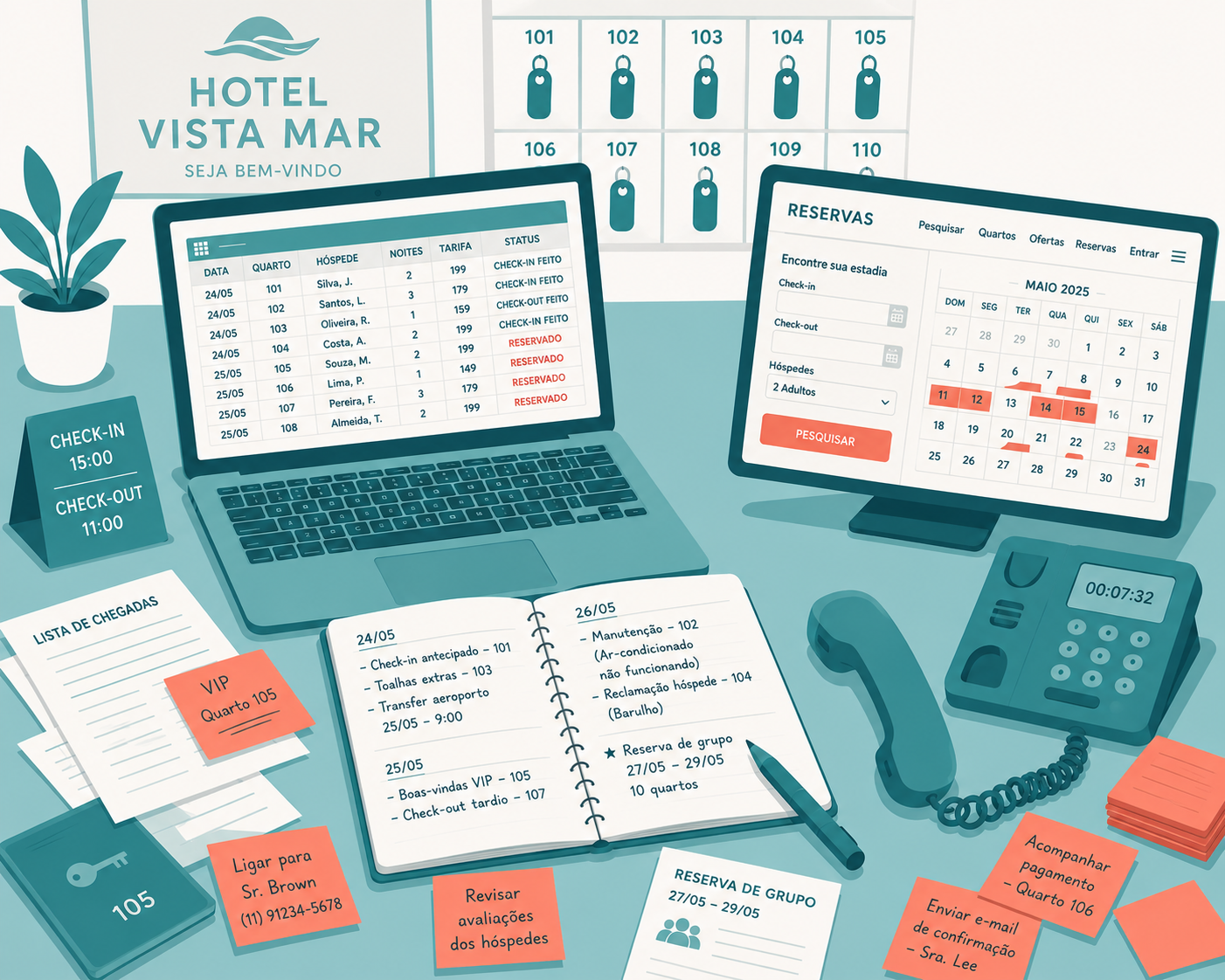 Ilustração de uma receção de hotel desorganizada representando o problema que o software hoteleiro resolve