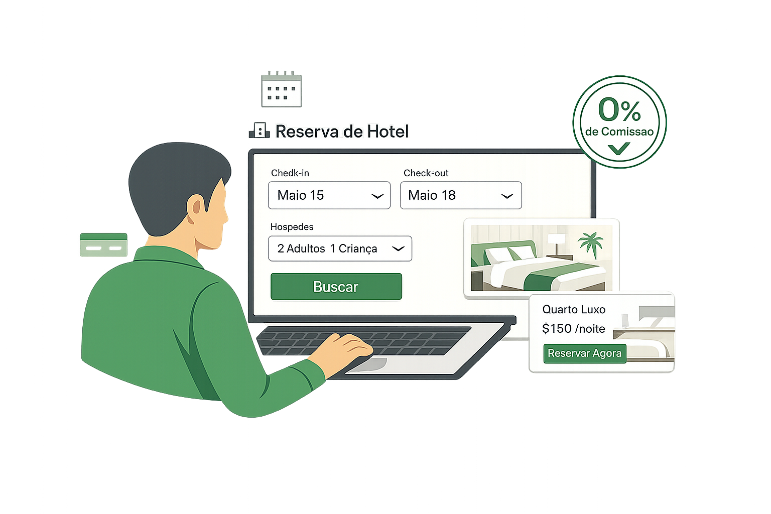 Motor de reservas QuartoVerde — pesquisa de quartos, calendário de disponibilidade e checkout direto