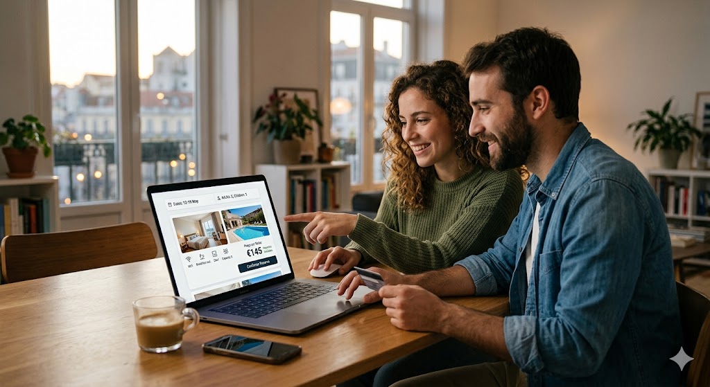 Página de reservas com seleção de datas, pesquisa de quartos e disponibilidade em tempo real