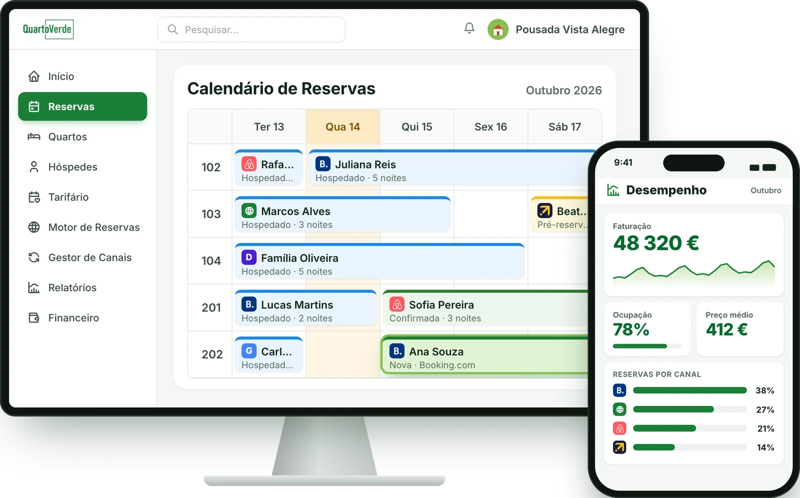 Calendário de reservas do QuartoVerde no computador e relatório de desempenho no telemóvel