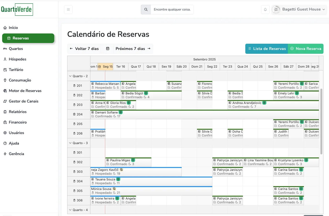 Calendário de reservas do PMS QuartoVerde a mostrar próximas reservas dos hóspedes